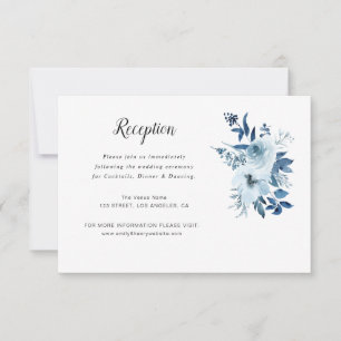 cartão de recepção de casamento floral azul empoei