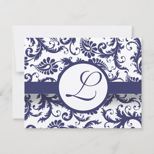 Cartão de Recepção de Casamento Navy Damask Swirls (Frente)