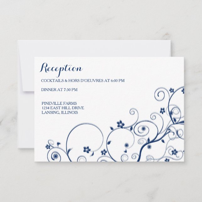Cartão de Recepção de Casamento Navy Vines (Frente)
