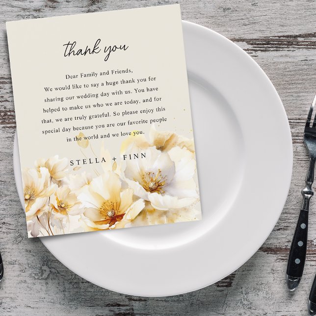 Cartão de Recepção de Casamento Obrigado Flor de O (White Gold Flower Thank You Wedding Reception Card)