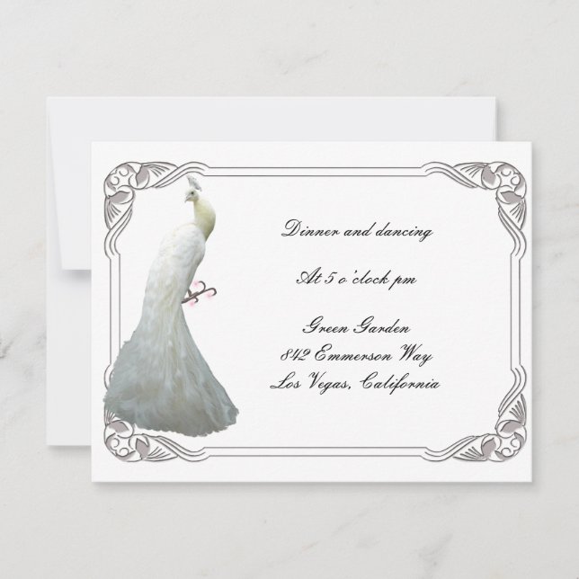 Cartão de Recepção de Casamento Pavão Branco Perso (Frente)