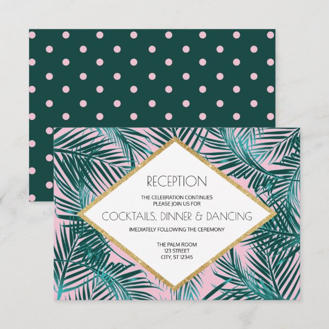 Cartão de Recepção de Casamento Pink Palm Deco (Frente/Verso)