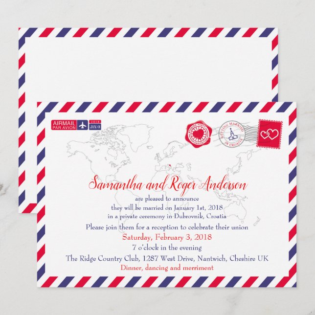 Cartão de Recepção de Casamento por Correio Aéreo  (Frente/Verso)