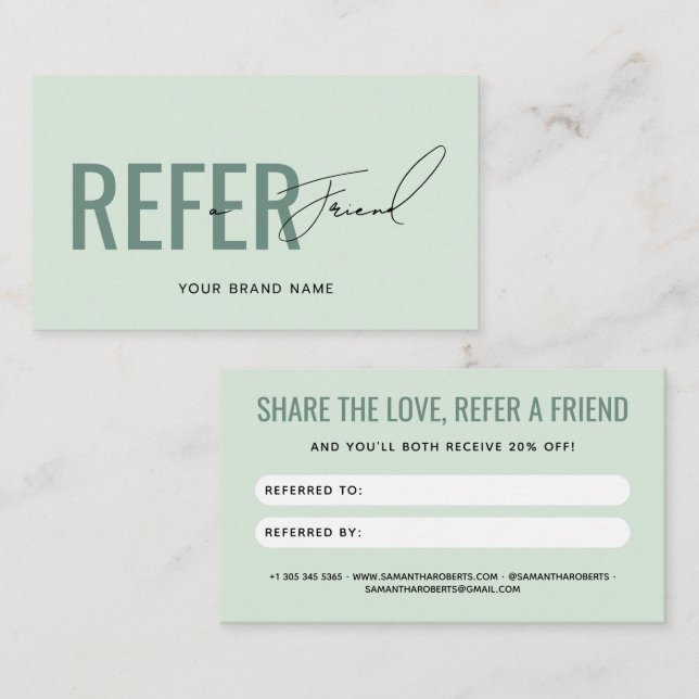 Cartão de referência de amigo verde claro profissi (Frente/Verso)