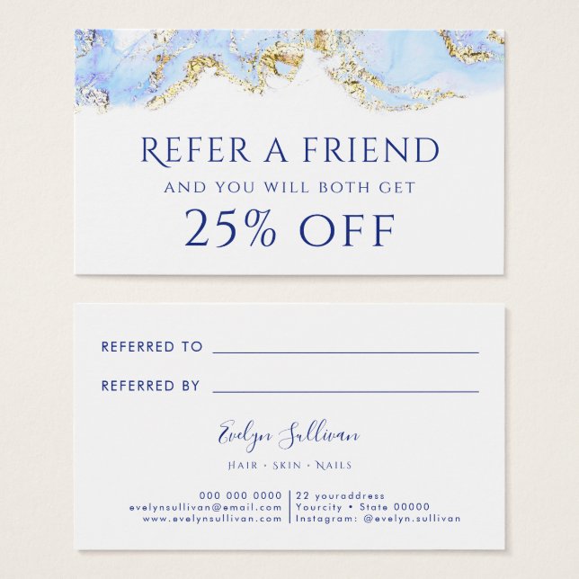 cartão de referência de tinta azul mármore (Frente & Verso)