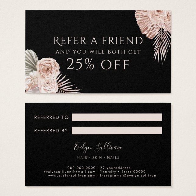 Cartão de referência preto Boho rosa (Frente & Verso)