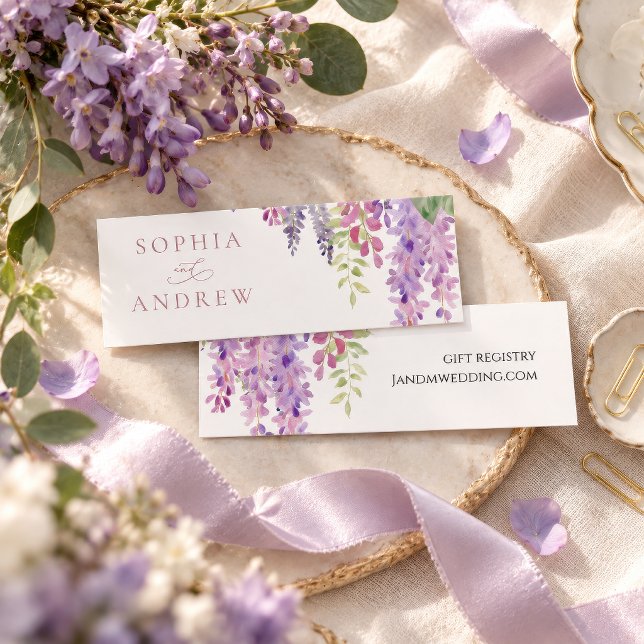 Cartão de Registro de Presentes de Flores de Wiste (Purple Wisteria Wedding Gift Registry Card, watercolor wisteria flowers, elegant enclosure card)