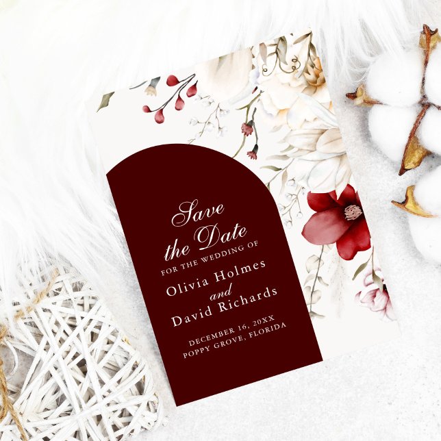 Cartão de Reserva da Data Elegância de Inverno Bor (Dark Burgundy floral Save the Date Card on white cozy background)
