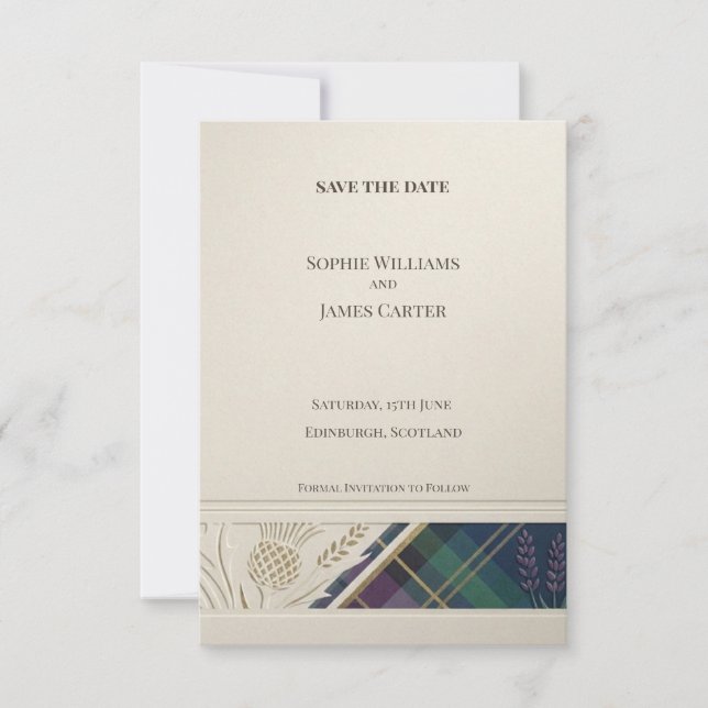 Cartão de Reserva de Data Navy Tartan Thistle (Frente)