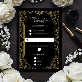 Cartão de Resposta Art Déco em Preto Elegante com 