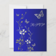 Cartão de Resposta Azul, Floral Prateado com Borbo