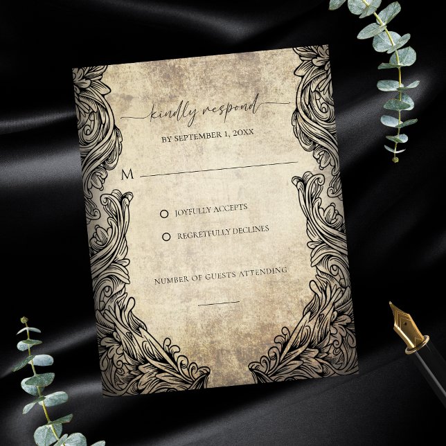 Cartão de Resposta Bege Rústico com Trabalho de Ro (Vintage Scrollwork Rustic Beige Response Card)