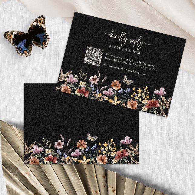Cartão de Resposta Black Boho Wildflower (Black Boho Wildflower RSVP Card with QR Code by Painted Paperie
)