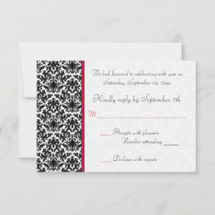Cartão de Resposta Black, White, Red Damask RSVP