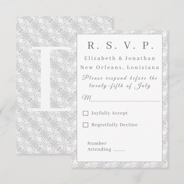 Cartão de Resposta Católico de Lace Branco Monogra (Frente/Verso)