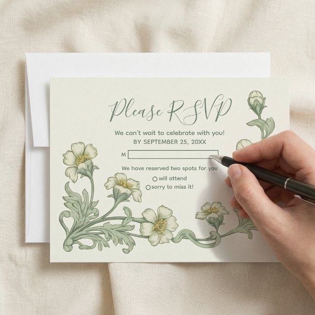 Cartão de resposta com flores art nouveau de estil (Pretty vintage style art nouveau flowers rsvp card)