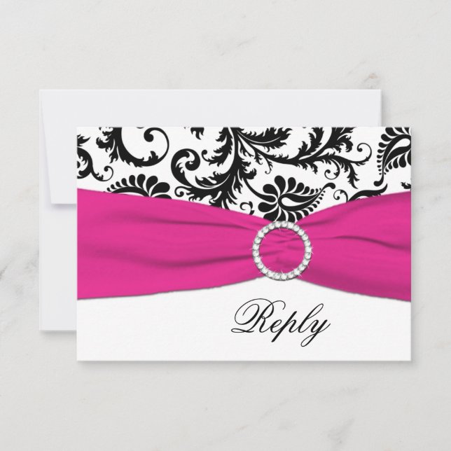 Cartão de Resposta Damasco Preto, Branco e Fuchsia (Frente)