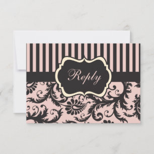 Cartão de Resposta Damask com Listras Cinza, Rosa 