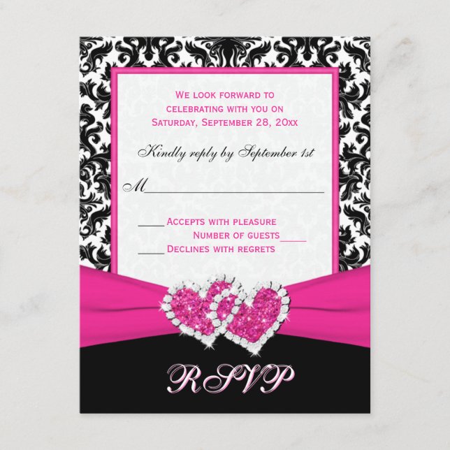 Cartão de Resposta Damask Preto, Branco e Corações (Frente)