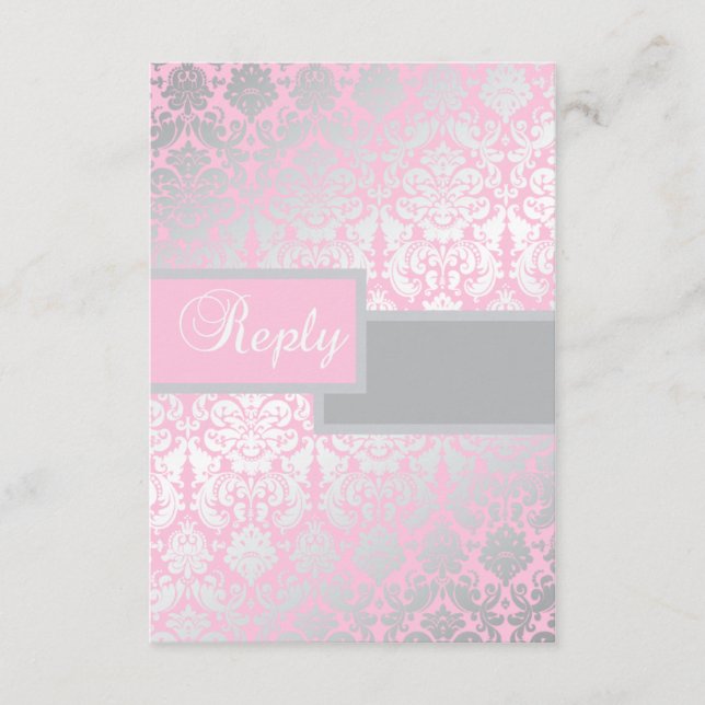 Cartão de Resposta Damask Rosa e Cinza (Frente)