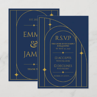 Cartão de Resposta de Casamento Art Deco Navy Gold
