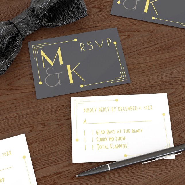 Cartão de Resposta de Casamento Art Déco Preto e D (A 1920s vibe with the RSVP and perfect for your Gatsby Wedding. Just add your details)