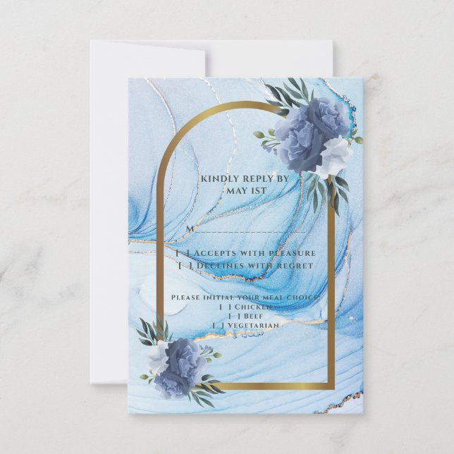 Cartão de Resposta de Casamento Azul e Dourado Ele (Frente)