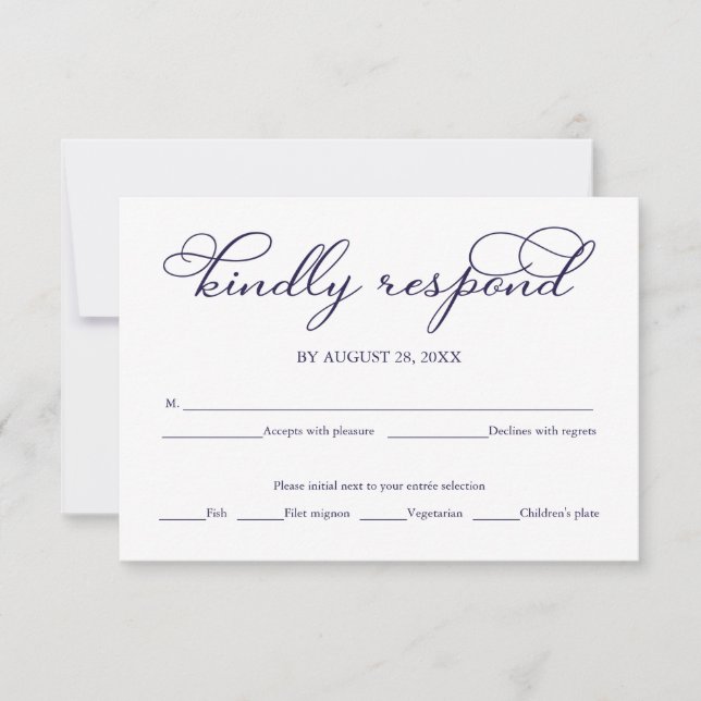Cartão de Resposta de Casamento Azul Naval Branco  (Frente)