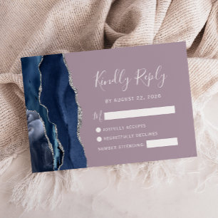 Cartão de Resposta de Casamento Azul Naval Prata Á