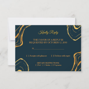 Cartão de Resposta de Casamento Azul Real Dourado