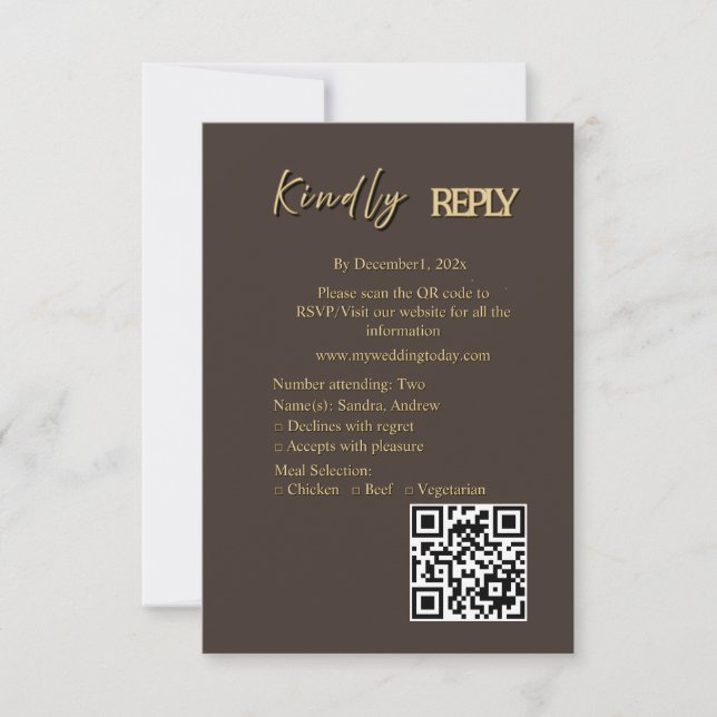 Cartão de Resposta de Casamento Bege e Dourado (Frente)