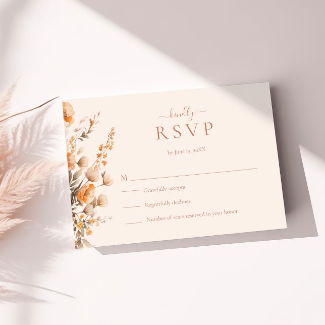 Cartão de Resposta de Casamento Boho Terracotta Fl (Boho Terracotta Wildflowers Wedding RSVP Card on a sunny table with dry botanicals)