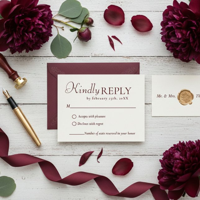 Cartão de Resposta de Casamento Burgundy Elegante  (Criador carregado)
