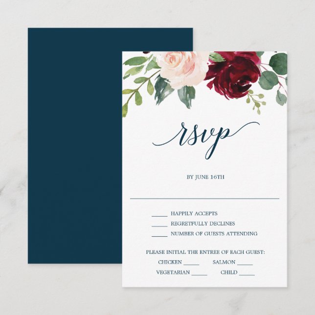 Cartão de Resposta de Casamento Burgundy Navy (Frente/Verso)