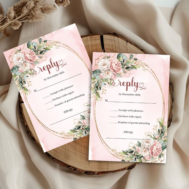 Cartão de Resposta de Casamento Chic Rosa Dourado  (Chic Rose Gold Eucalyptus Wedding RSVP Card)