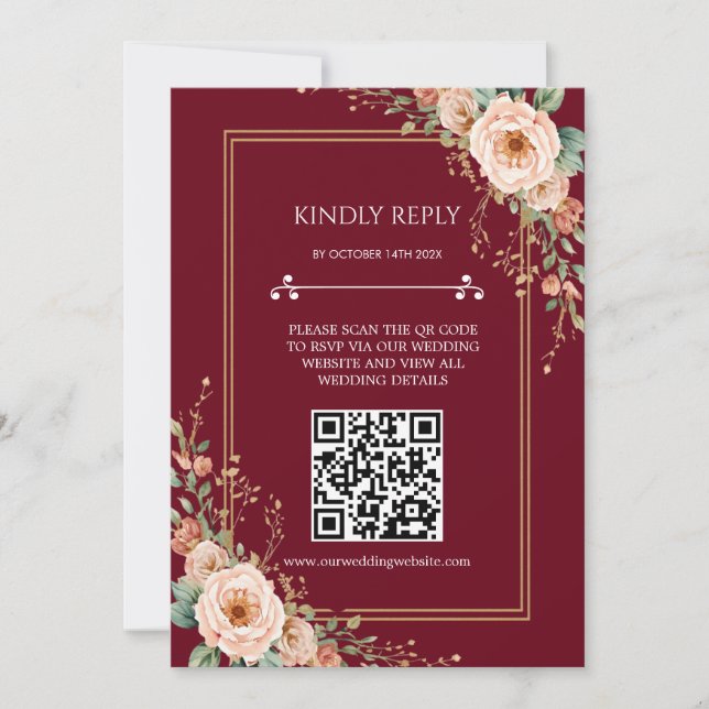 Cartão de Resposta de Casamento Código QR Borgonha (Frente)