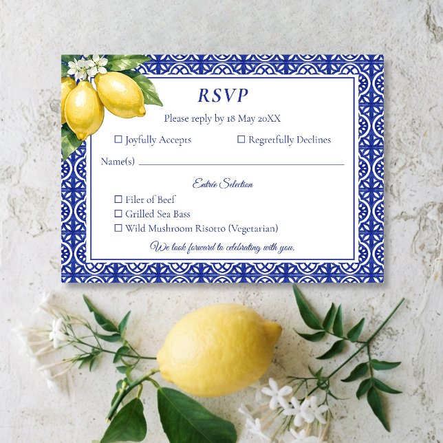Cartão de Resposta de Casamento com Azulejo Azul e (Italian Amalfi Lemon Blue Tile Wedding RSVP Card)