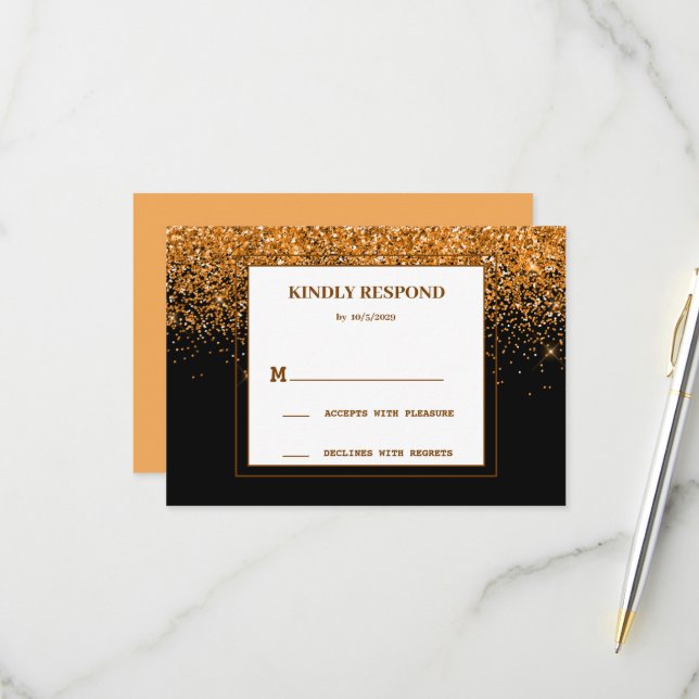 Cartão de Resposta de Casamento com Brilho Dourado (Frente/Verso In Situ)