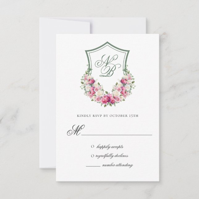 Cartão de Resposta de Casamento com Crista Floral  (Frente)