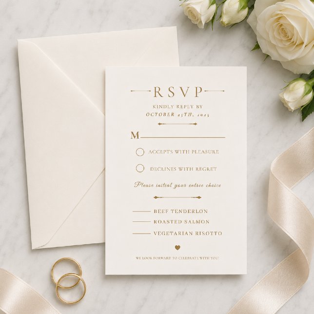 Cartão de Resposta de Casamento com Estilo Minimal (Elegant gold RSVP card styled with timeless minimalist wedding details.)