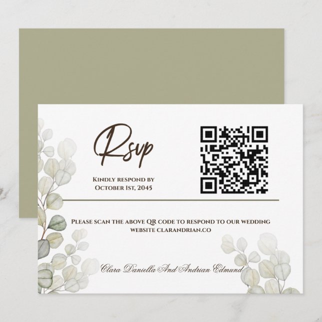 Cartão de Resposta de Casamento com Eucalipto em A (Frente/Verso)