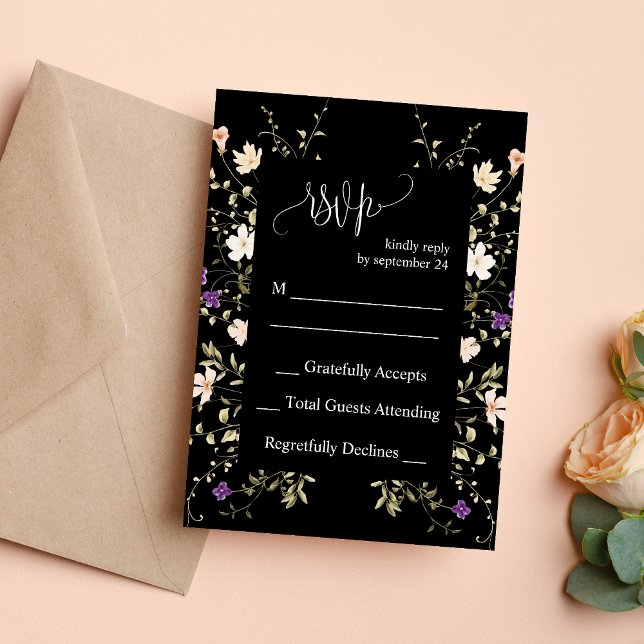 Cartão de Resposta de Casamento com Flores Silvest (Elegant black wildflowers wedding RSVP card makes guest responses simple with timeless charm)
