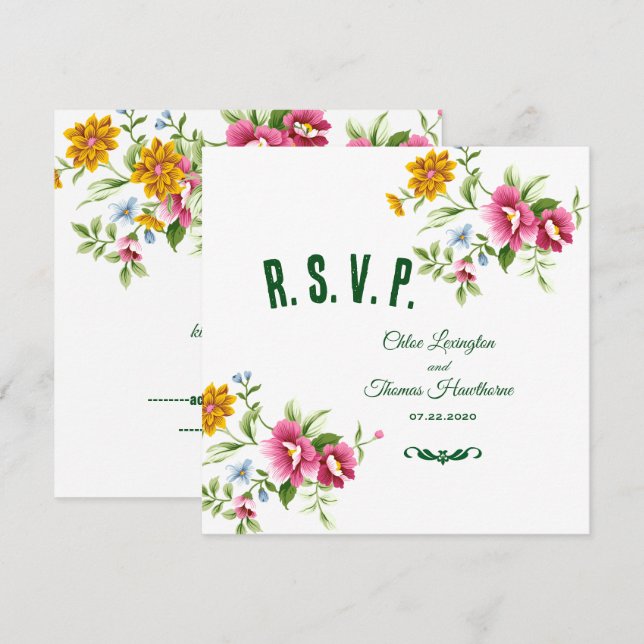 Cartão de Resposta de Casamento com Lindas Flores  (Frente/Verso)