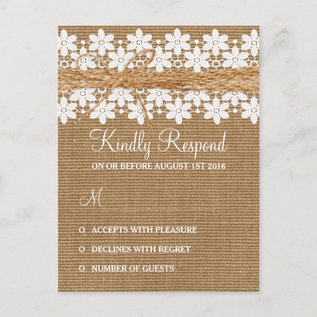 Cartão de Resposta de Casamento com Renda Rústica  (Frente)