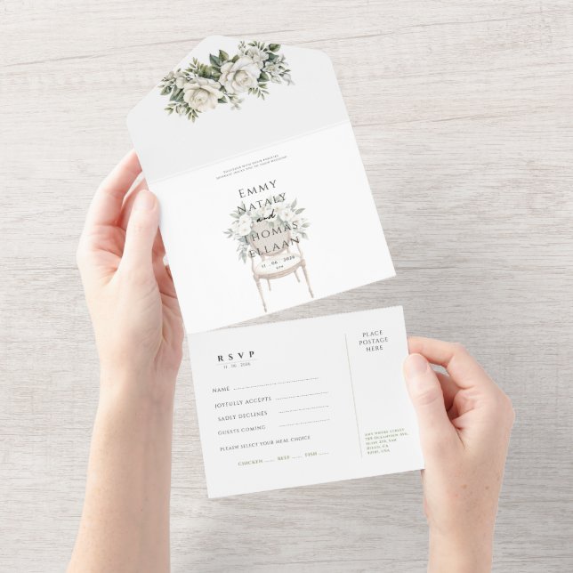 Cartão de resposta de casamento com rosas brancas  (Aba destacável)