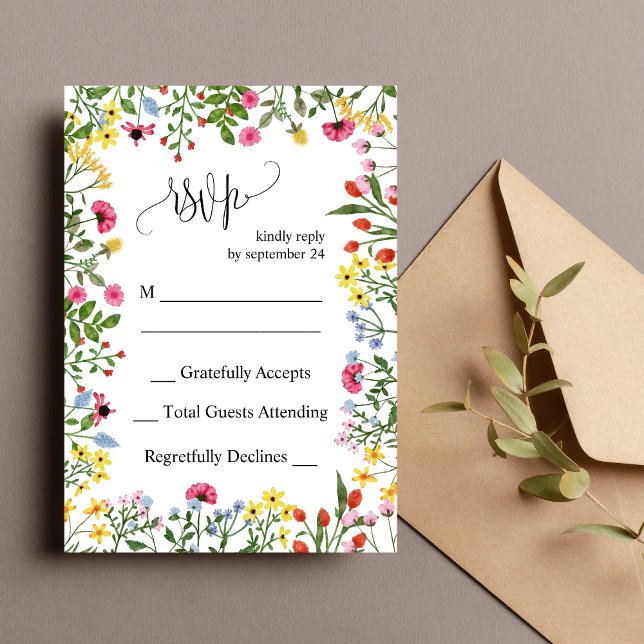 Cartão de Resposta de Casamento de Flores Silvestr (Elegant colorful wildflower wedding RSVP card makes guest replies simple with vibrant floral style)