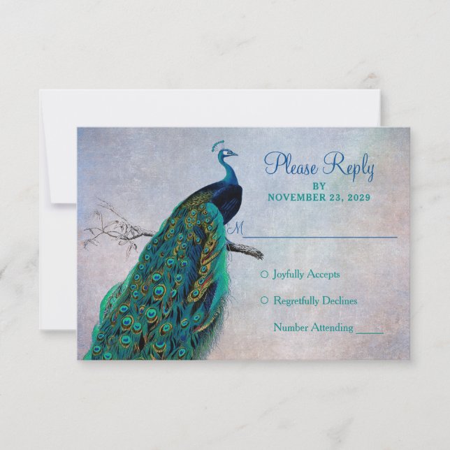 Cartão de Resposta de Casamento de RSVP de Peacock (Frente)