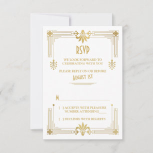 Cartão de Resposta de Casamento Dourado Branco Art
