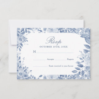 Cartão de Resposta de Casamento em Floral Azul Poe