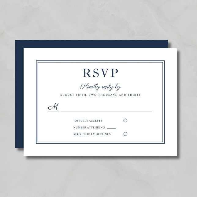Cartão de Resposta de Casamento em Letra de Forma  (Formal Navy Blue Script Wedding RSVP Card)